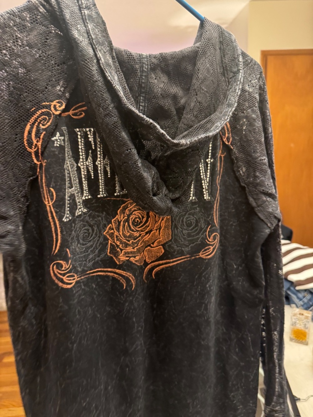 Affliction Black Lace-Up Skull & Rose Graphic Top with Orange Accents - Picture 4 of 6
